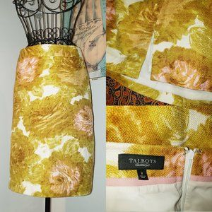Y2K Classic Mid-Century Talbots Pencil Skirt Gold Pink Giant Floral Fabric S